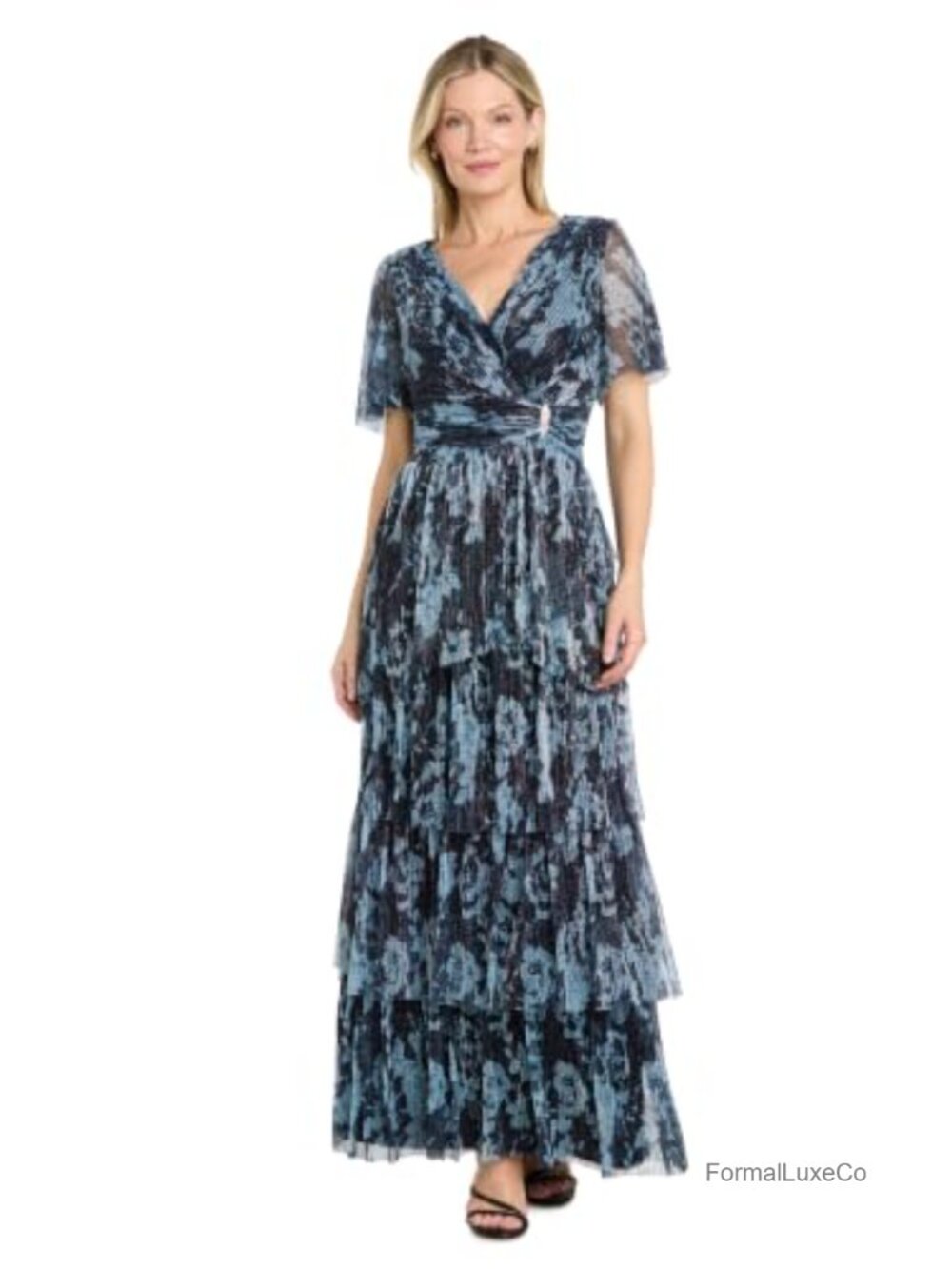 Formal Metallic Sequin Evening Gown w/ Crinkle Pleated Skirt, Wedding Guest